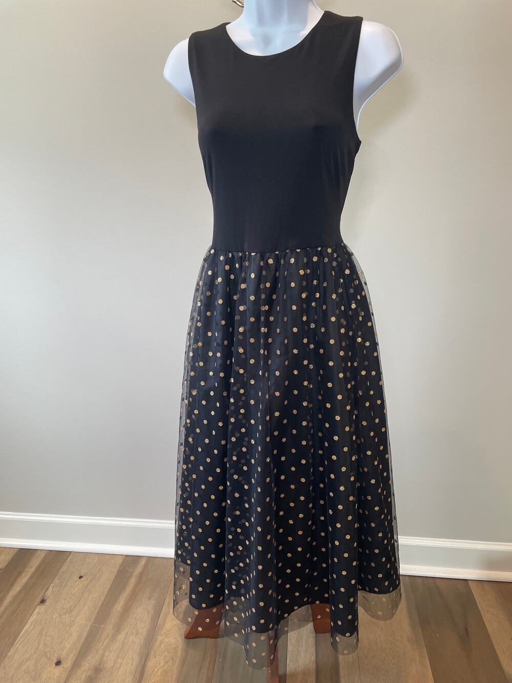 Calvin Klein Black Sleeveless Dress with Tulle Gold Polka Dot Skirt – Size 8